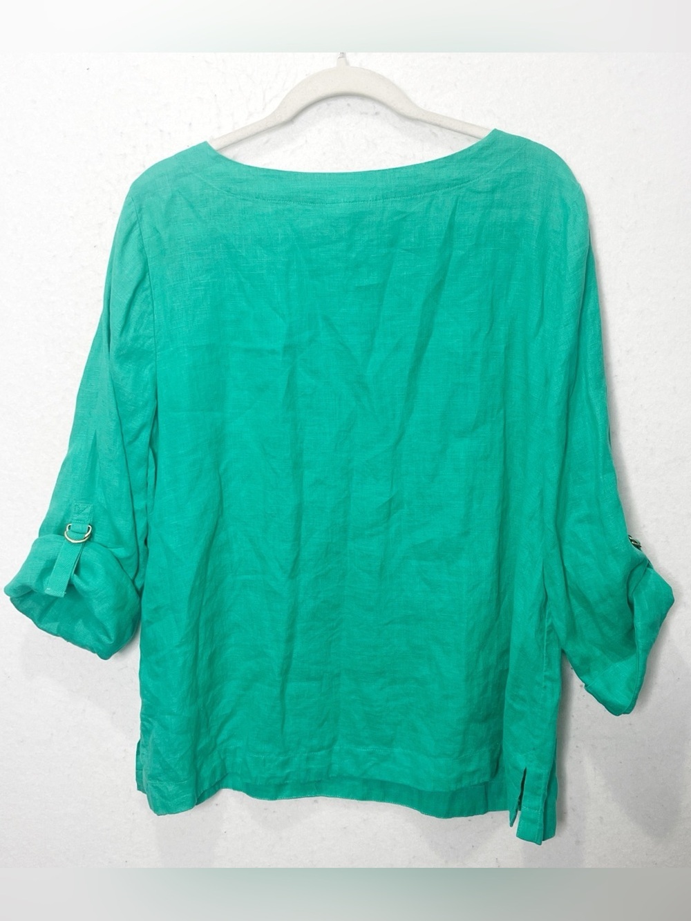 Charter Club Linen Blouse XL Aqua Green Roll Tab Sleeve 100% Linen Boat Neck - Picture 2 of 7